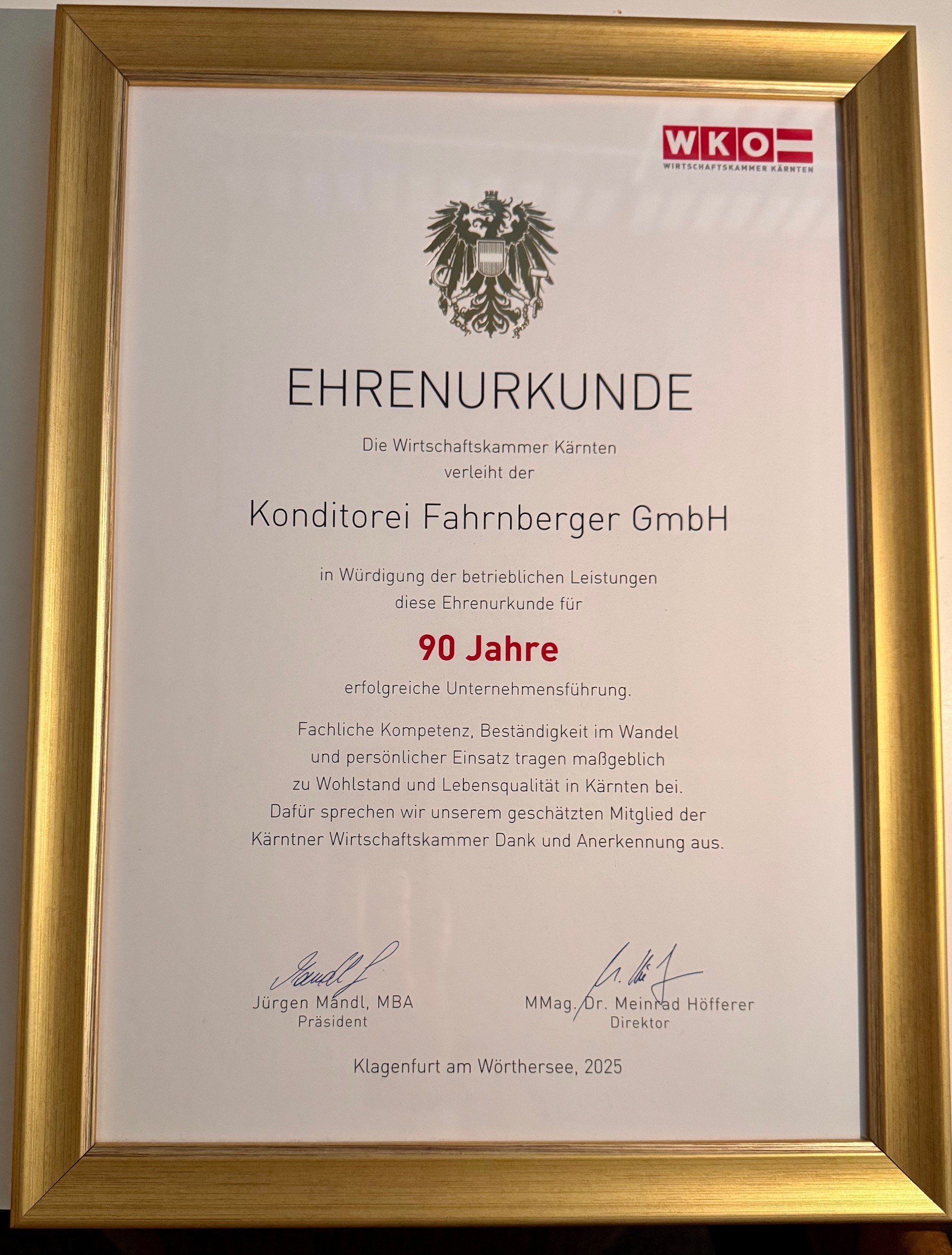 Auszeichnungen 90 Jahre Ehrenurkunde